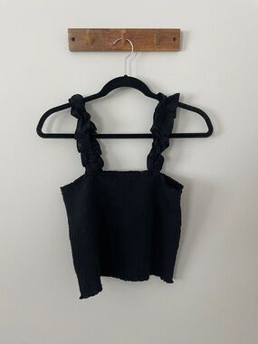 aerie Black Ruffled Strap Cropped Tank